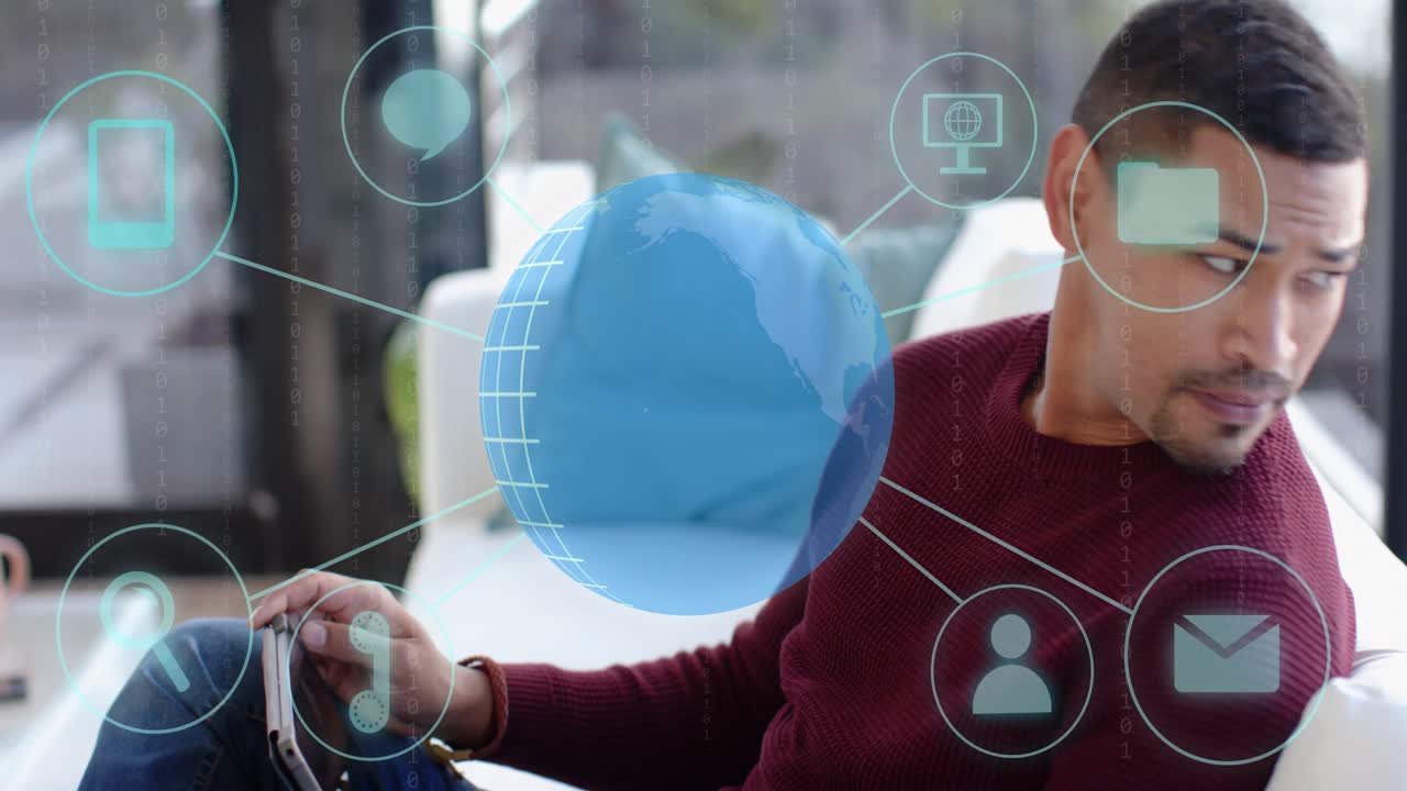 Woman tapping tablet on sofa, summoning animated blue globe and network icons for technology demo