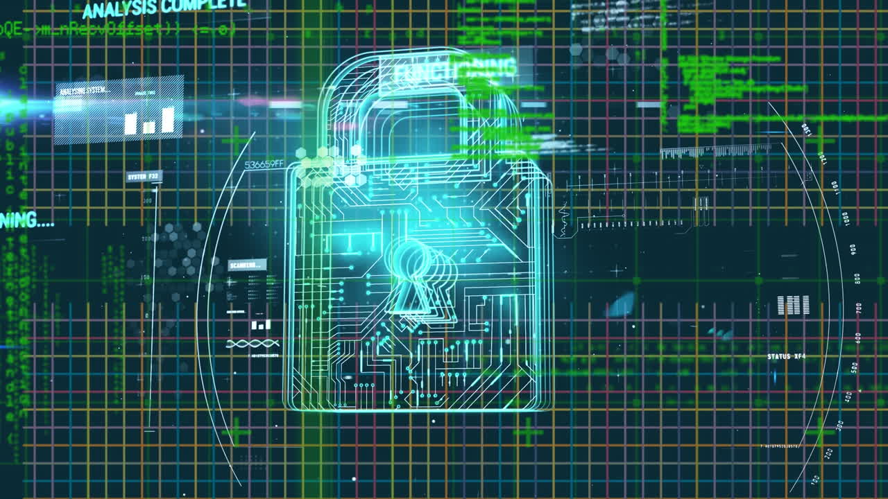 Digital animation of security padlock icon and data processing against blue background