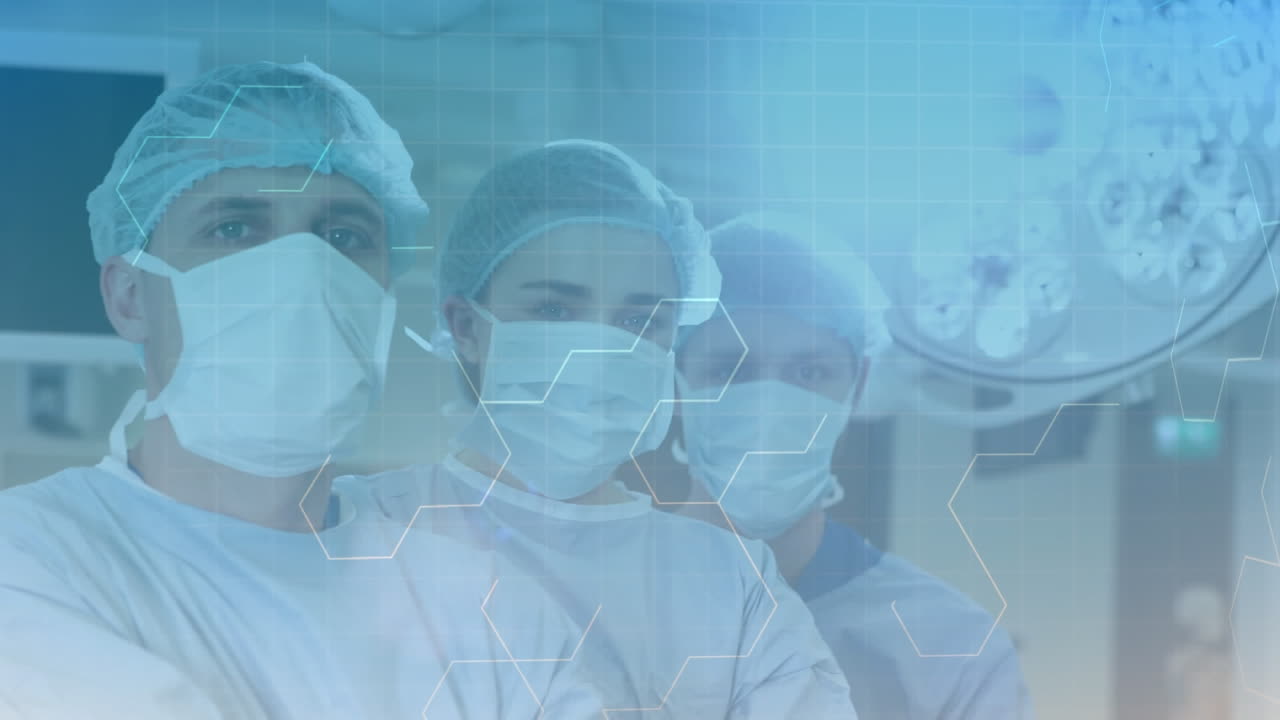 6각형 모양의 패턴과 손을 맞대고 있는 의사들의 그룹