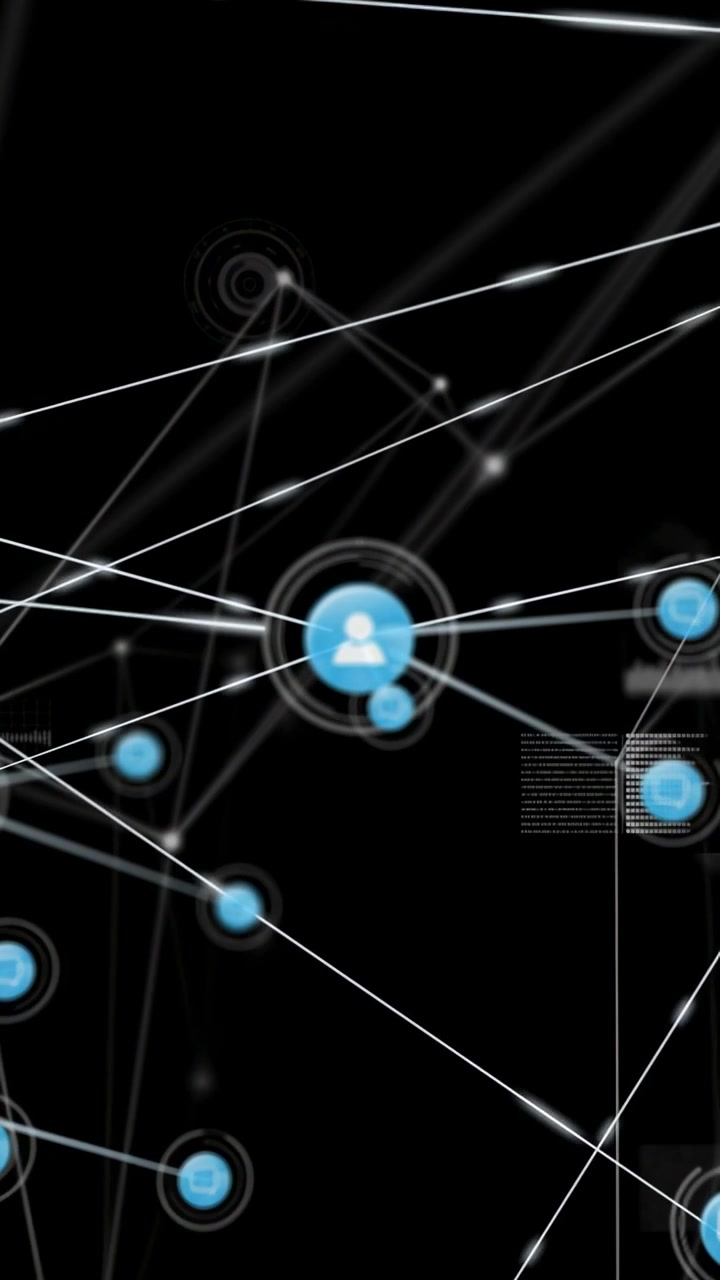 Zoom della visuale su un avatar utente blu centrale, con connettori disegnati e nodi di chat pulsanti per la tecnologia.