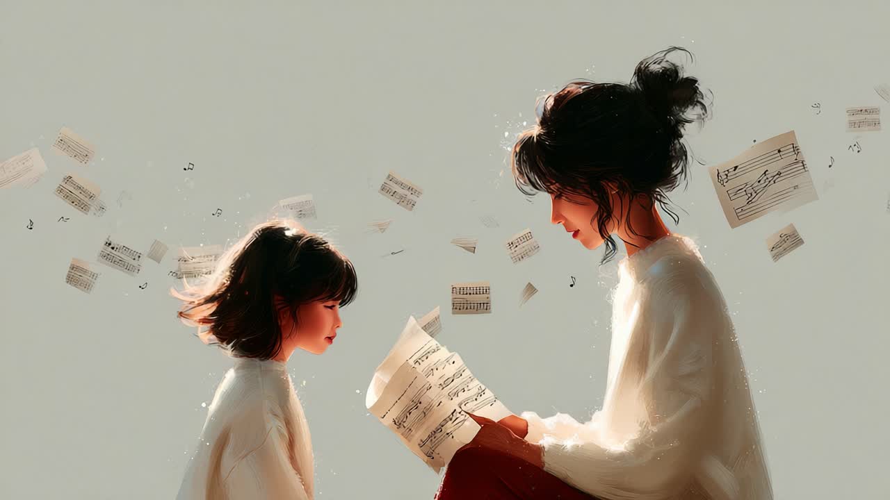 A Heartwarming Moment Between a Mother and Daughter as They Share a Passion for Music Through Sheet Music, Capturing Their Bond and Joyful Exchange in a Dreamy Atmosphere