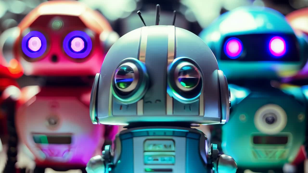 un grupo de robots de pie uno al lado del otro