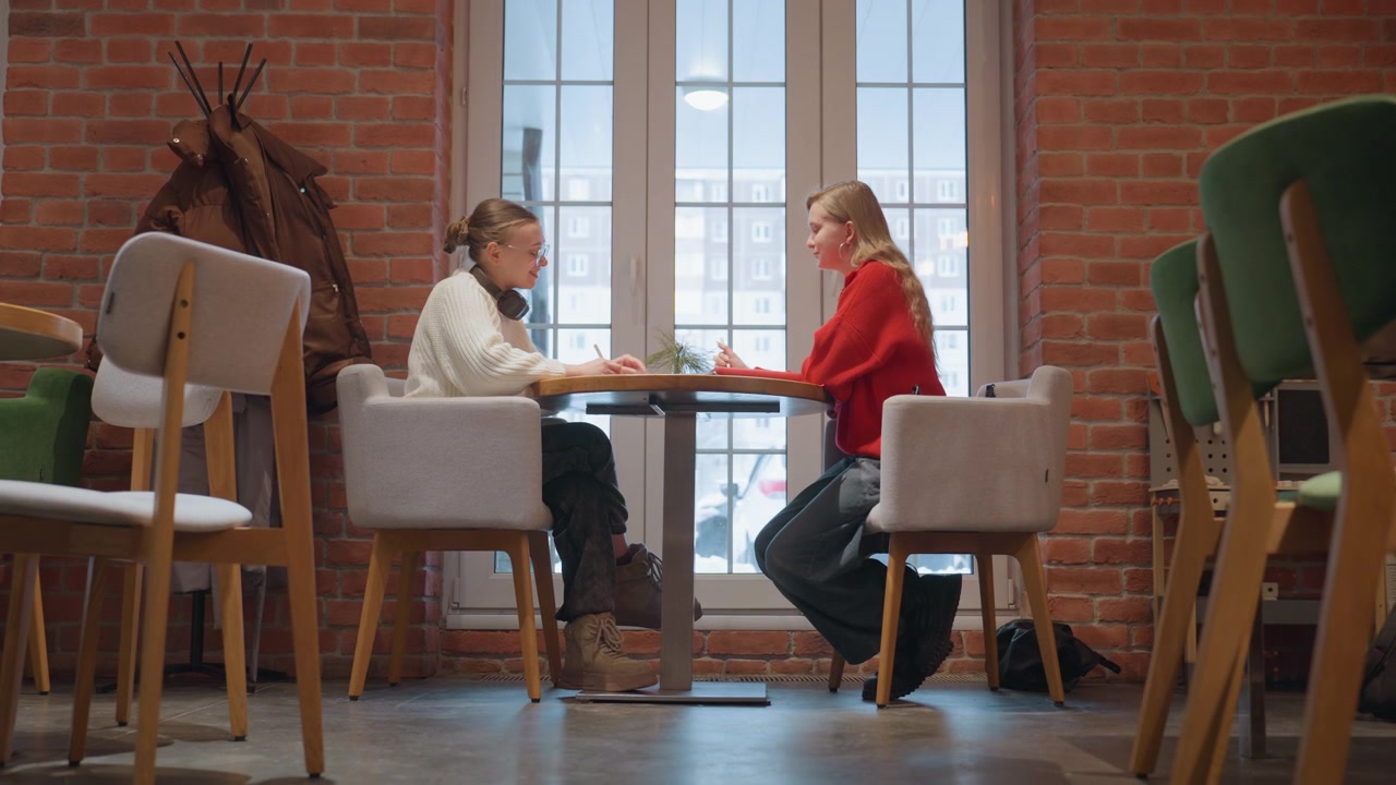 Two Young Women Having a Conversation in a Modern Cafe