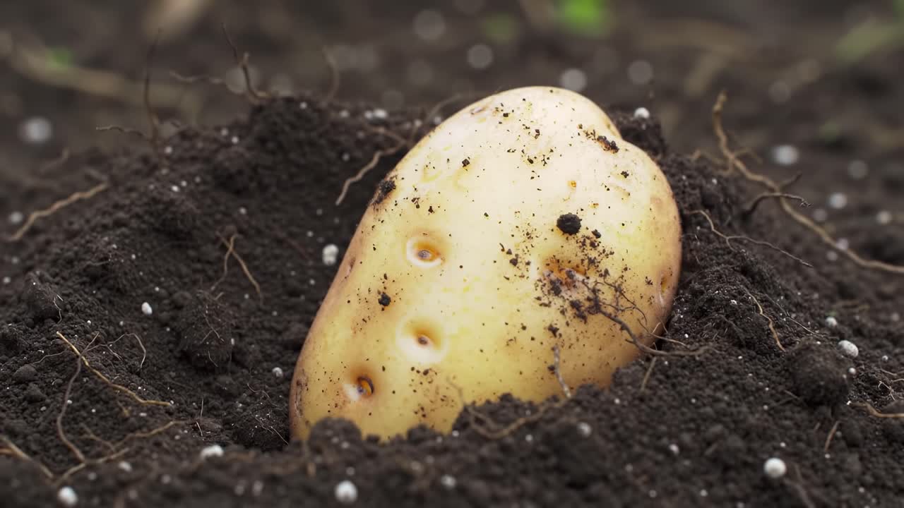 Harvesting Fresh Potatoes: A Close-Up Perspective of Uncovering Delicious Tubers from Rich, Fertile Soil in Nature's Garden Setting