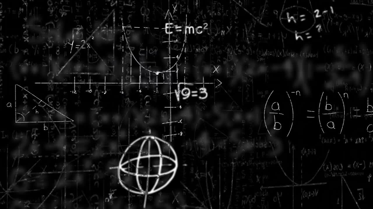 diagramas matemáticos y símbolos flotando contra ecuaciones matemáticas en un fondo negro