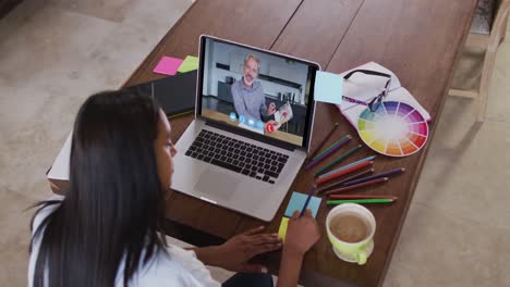 mujer caucásica usando una computadora portátil en una videollamada con un colega masculino y tomando notas
