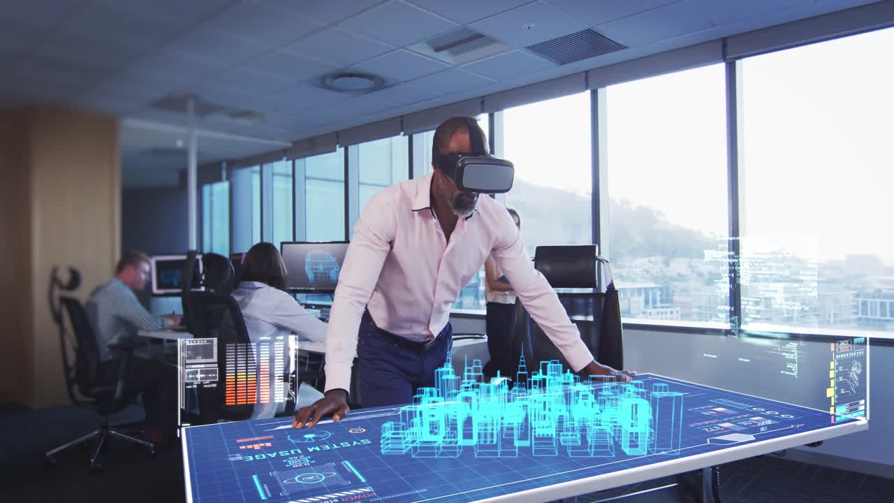 Animation of a businessman wearing a VR headset with a 3d plan on a table