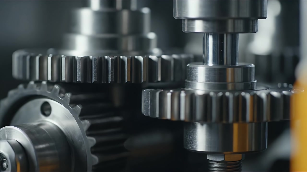 Close-up of Industrial Metal Gears Rotating in Machinery