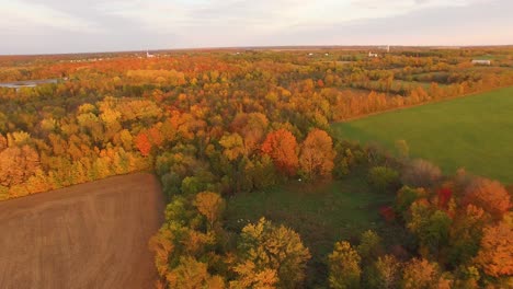 high, wide angle aerial view of farm fields surrounded by colorful trees covered with leaves of many fall colors