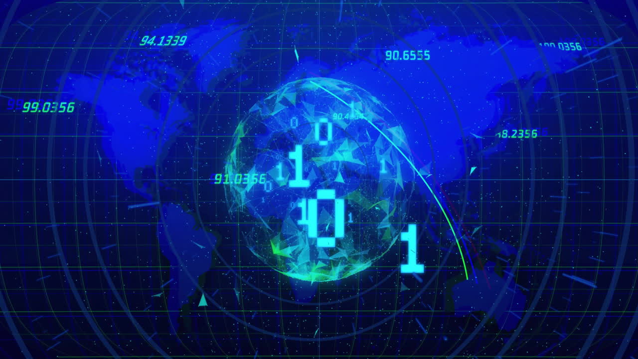 이진 코딩 디지털 데이터 프로세싱의 애니메이션 전 세계 및 세계 지도
