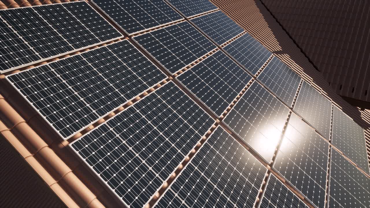 animación en 3d de módulos de paneles solares en el techo en un día soleado
