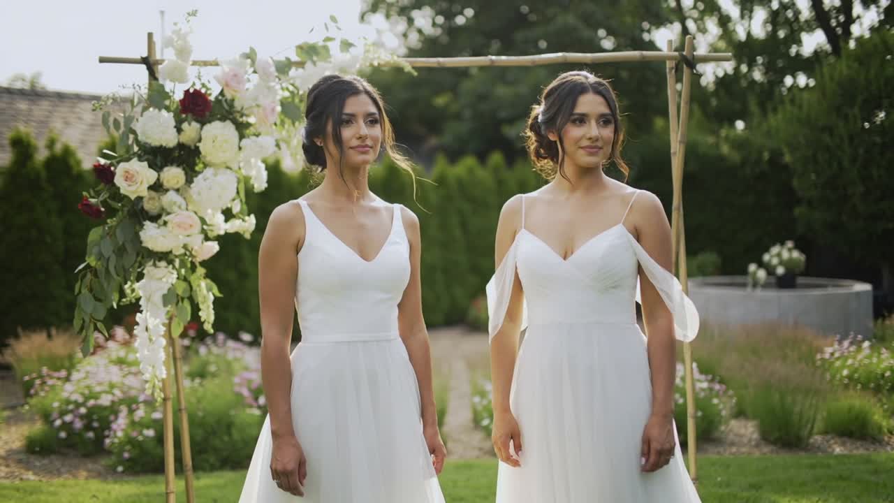 Des mariées debout sous une arche de mariage, réagissant à une consigne hors champ, tandis que la brise soulève un ruban, souriantes.