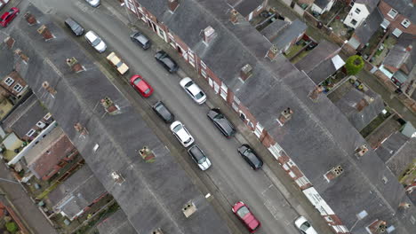 overhead aerial footage of terrace housing in one of stoke on trent's poorer areas, poverty and urban decline, council and social housing, west midlands