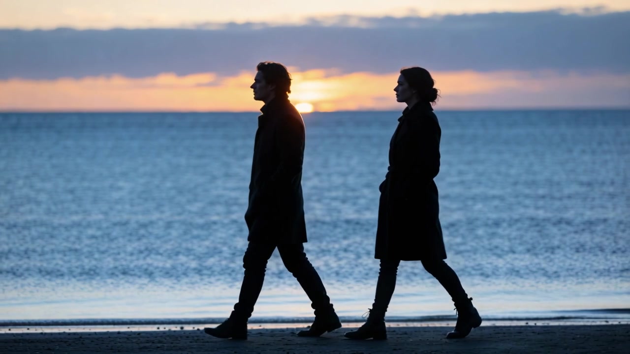 Walking silhouetted pair along shore as sun lowering, watching sunset, wearing long coats and boots