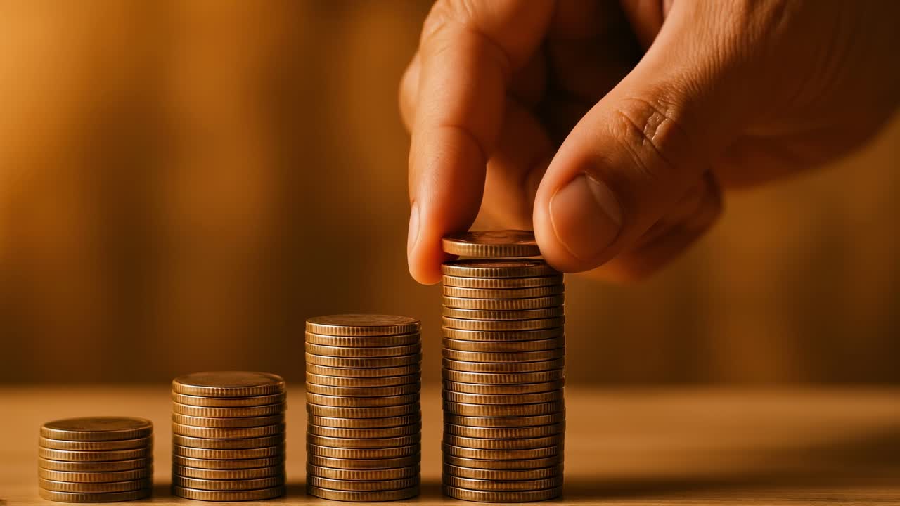 Close-up video concept of financial growth A hand stacks coins in ascending order