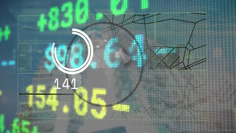 Animation-of-globe-in-circle,-trading-board-and-loading-circles-against-low-angle-view-of-building