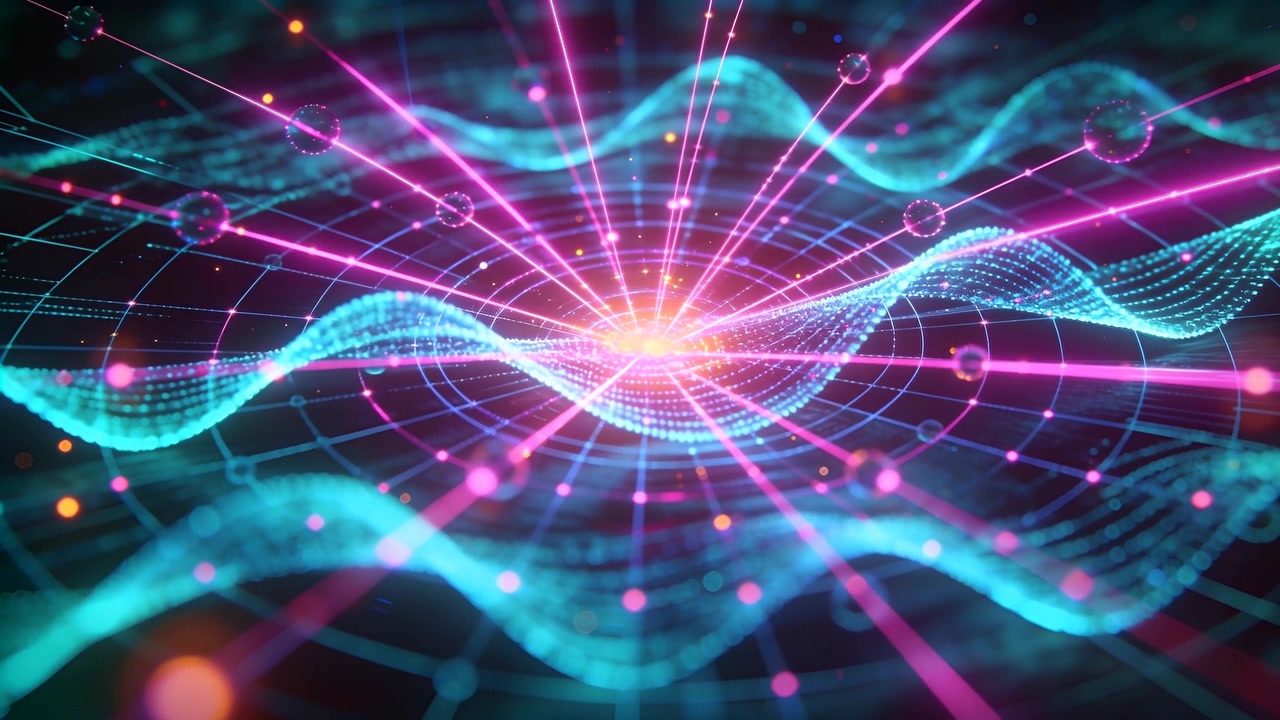 Nucleo pulsante e rete color verde acqua inviano raggi magenta attraverso lo spazio 3D, con nodi pulsanti che rappresentano dati.