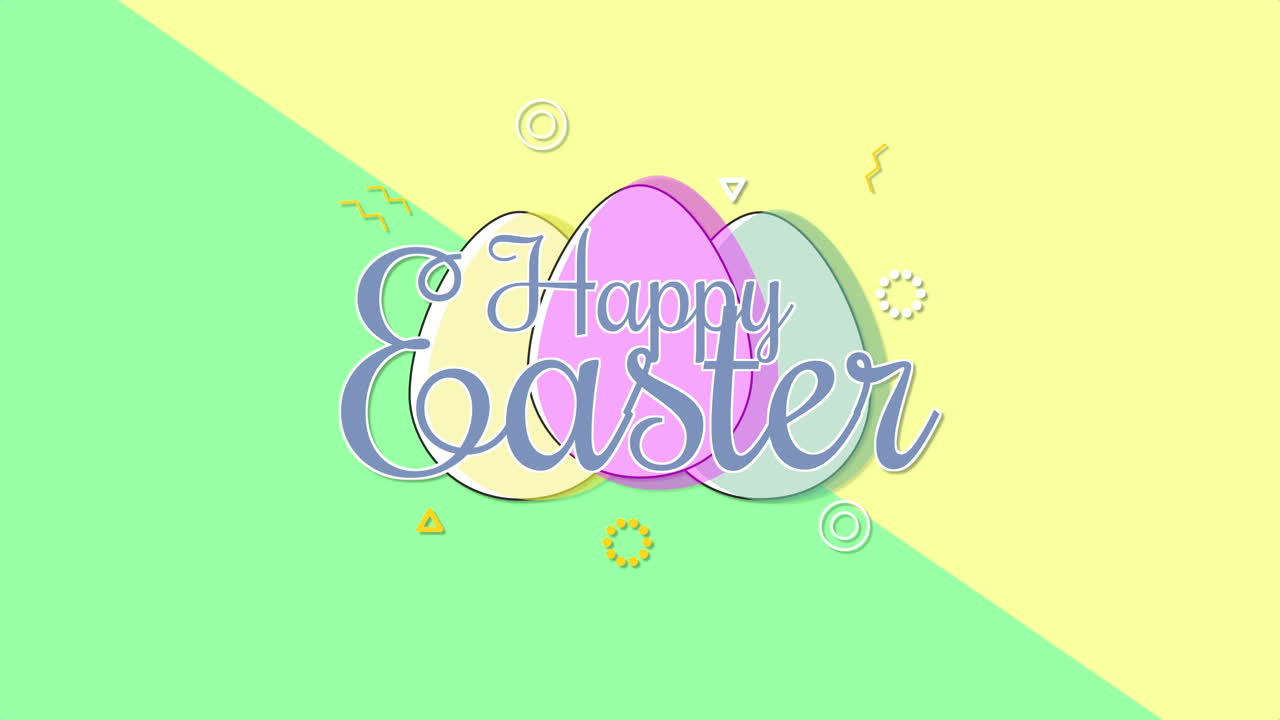 애니메이션 근접 촬영 행복 한 부활절 텍스트와 녹색과 노란색 현기증에 계란