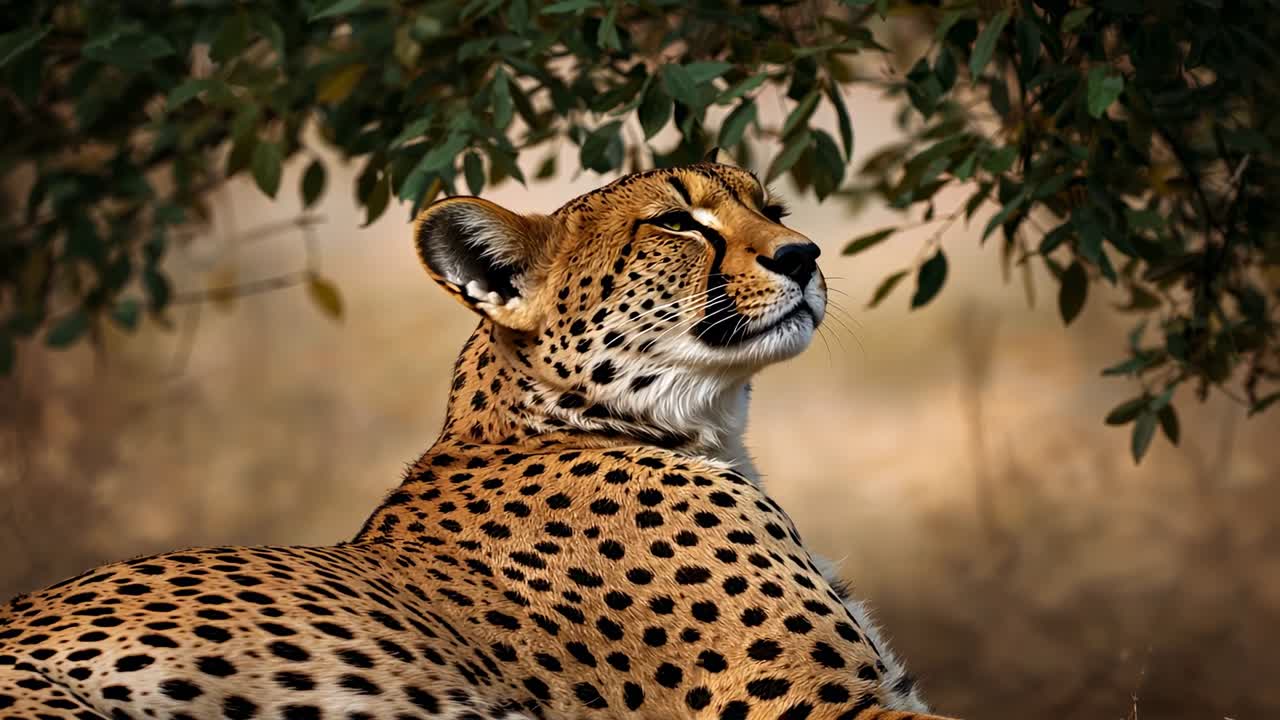 Cheetah raising head and closing eyes to feel warmth in savannah with branches filtering light