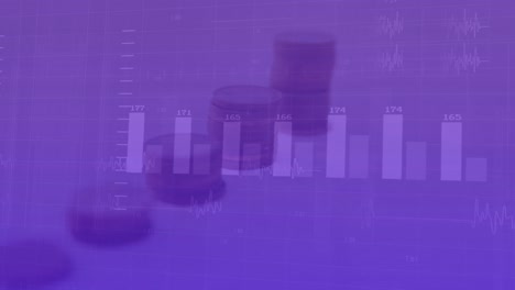 Animación-Del-Procesamiento-De-Datos-Estadísticos-Y-Pila-De-Monedas-Sobre-Fondo-Degradado-Púrpura