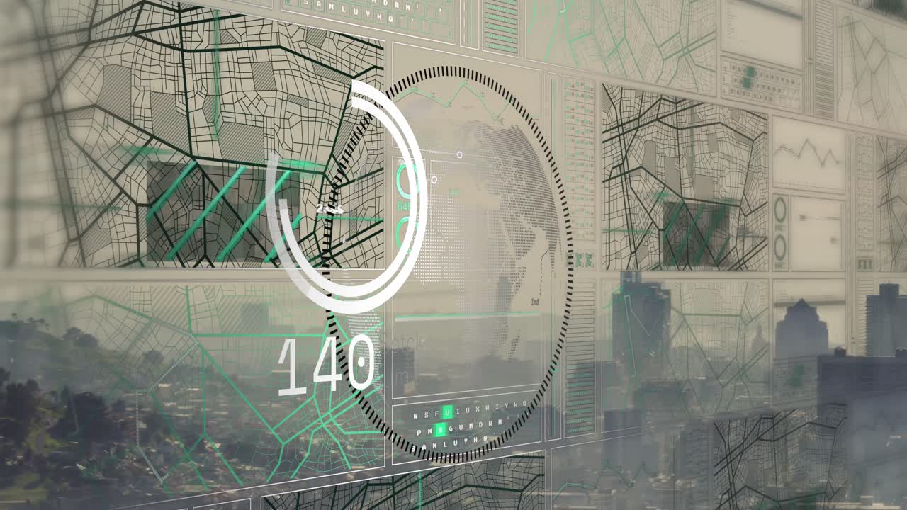 도시 위의 내비게이션 패턴과 함께 서클, 로딩 서클 및 변하는 숫자의 지구상의 애니메이션