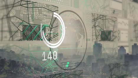 Animation of globe in circle, loading circles and changing numbers with navigation pattern over city