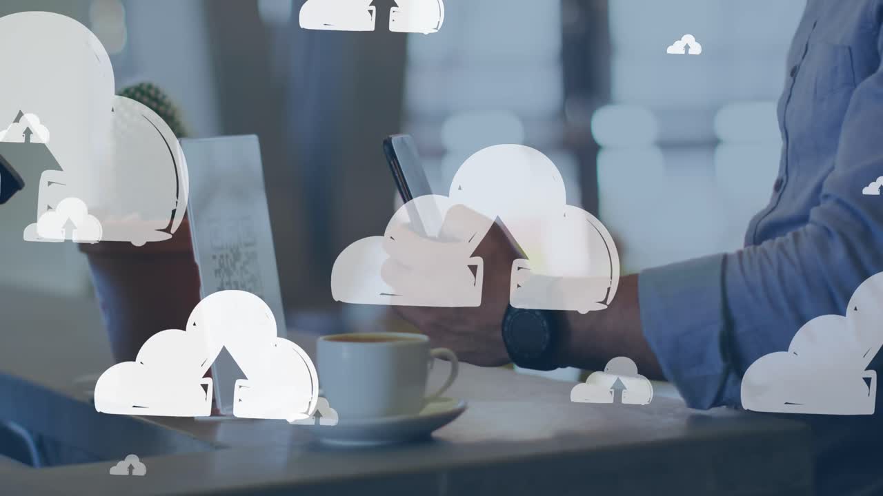 iconos de nube contra la sección media de un hombre caucásico escaneando el código qr con su teléfono inteligente en una cafetería