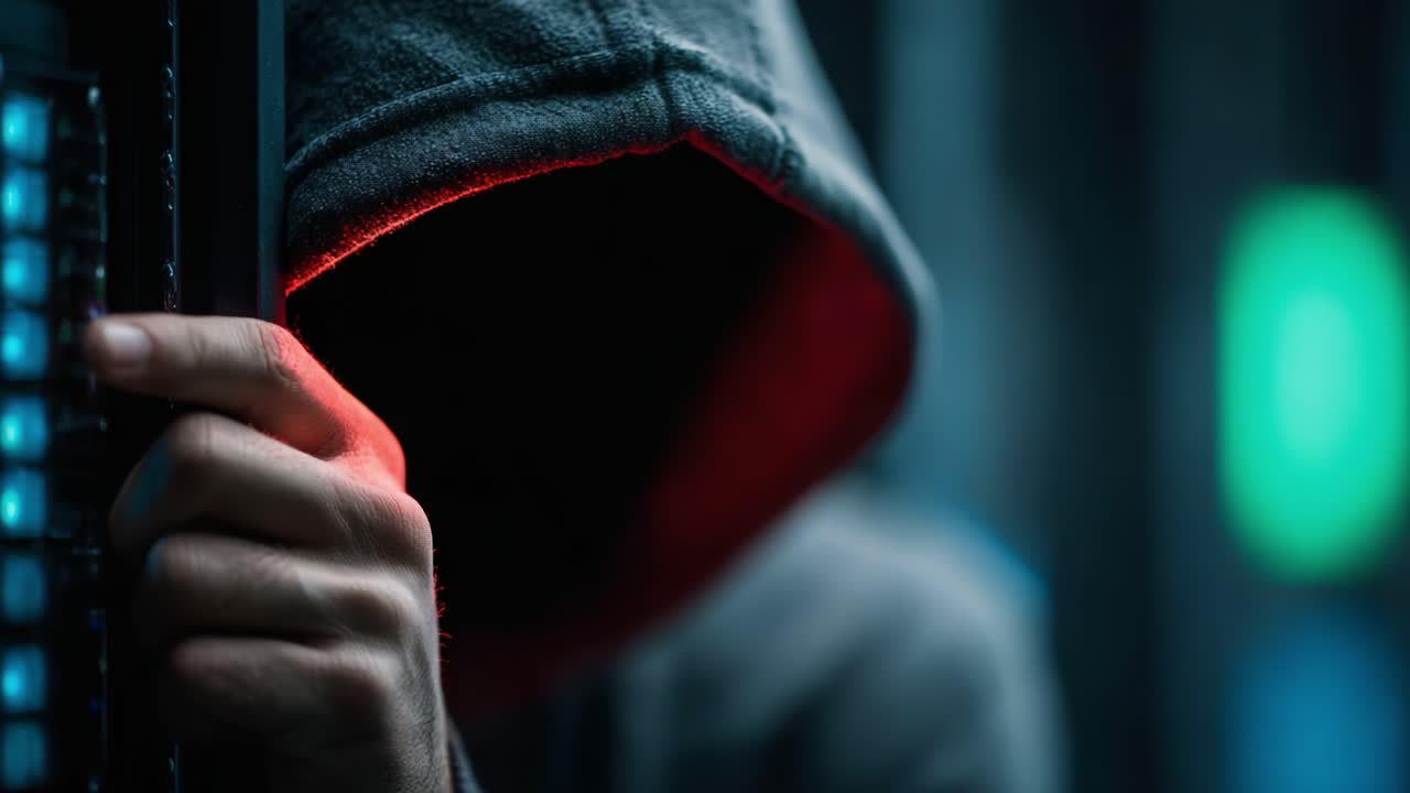 A Mysterious Figure in a Hooded Sweatshirt Interacting with a Server Rack in a Dimly Lit Data Center Environment, Highlighting Themes of Technology and Intrigue