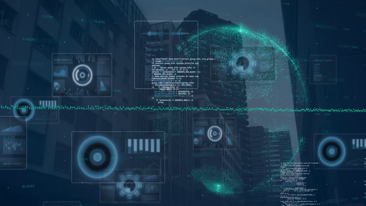 Composition of data processing on screens over globe and cityscape