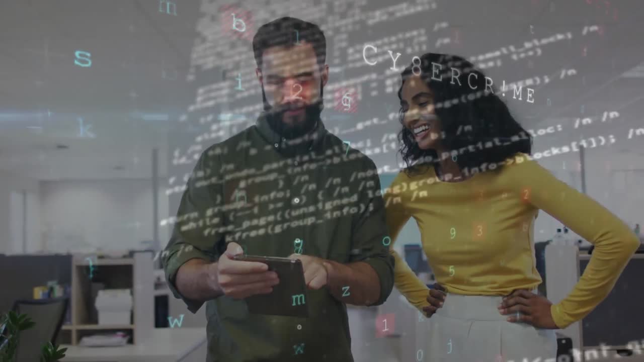 Animation of data processing over diverse business people in office