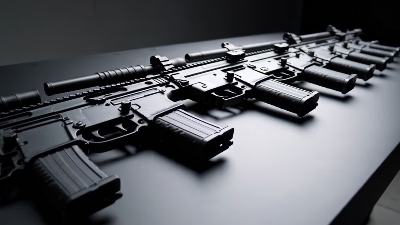 Multiple Black Rifles Laid Out on Dark Surface