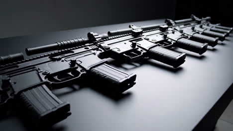 multiple black rifles laid out on dark surface