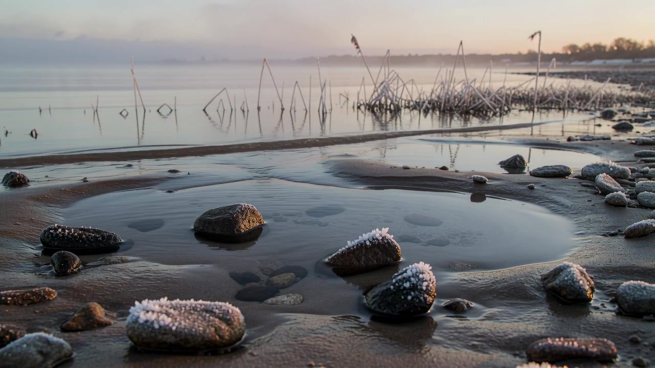 Frostklare sten gløder i daggryets lys, mens blide krusninger omformer strandens vandhuller, refleksion af siv