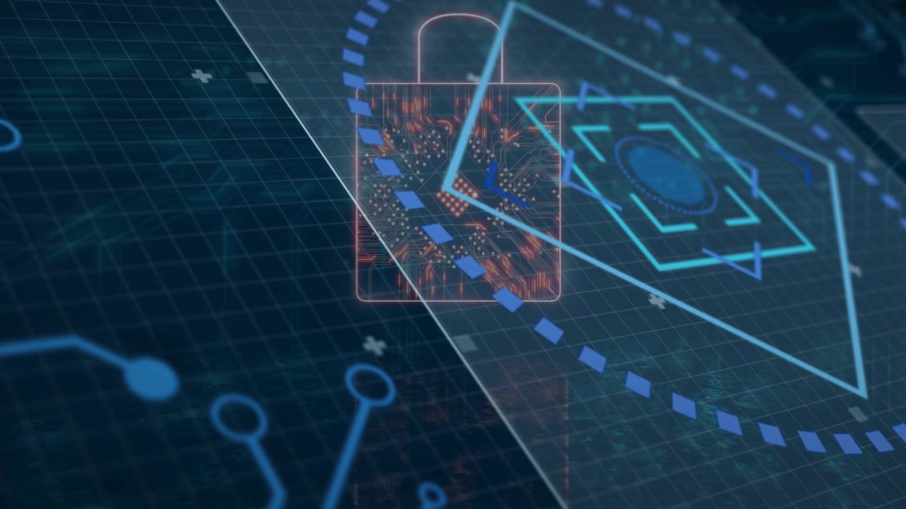 Cyan pointer entering right probing neon padlock, markers joining, circuitry glowing, ending scan