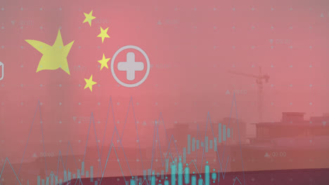 animation of flag of china and data processing over cityscape