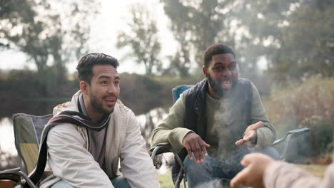 Friends,-campfire-and-people-talking-outdoor