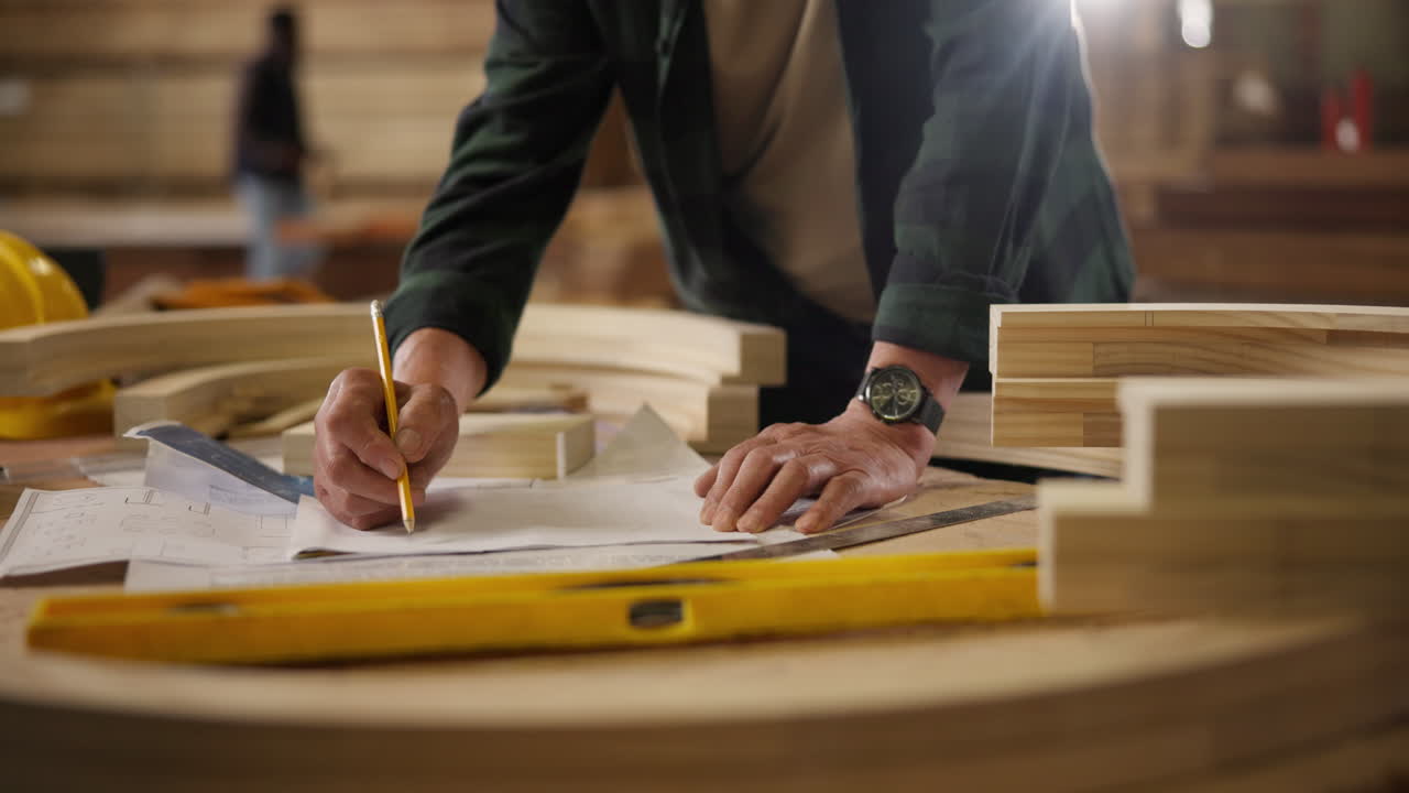 A woodworker is making marks on blueprints
