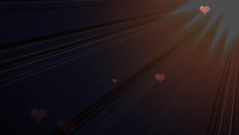 animation of red hearts falling, with flickering light beams on dark background