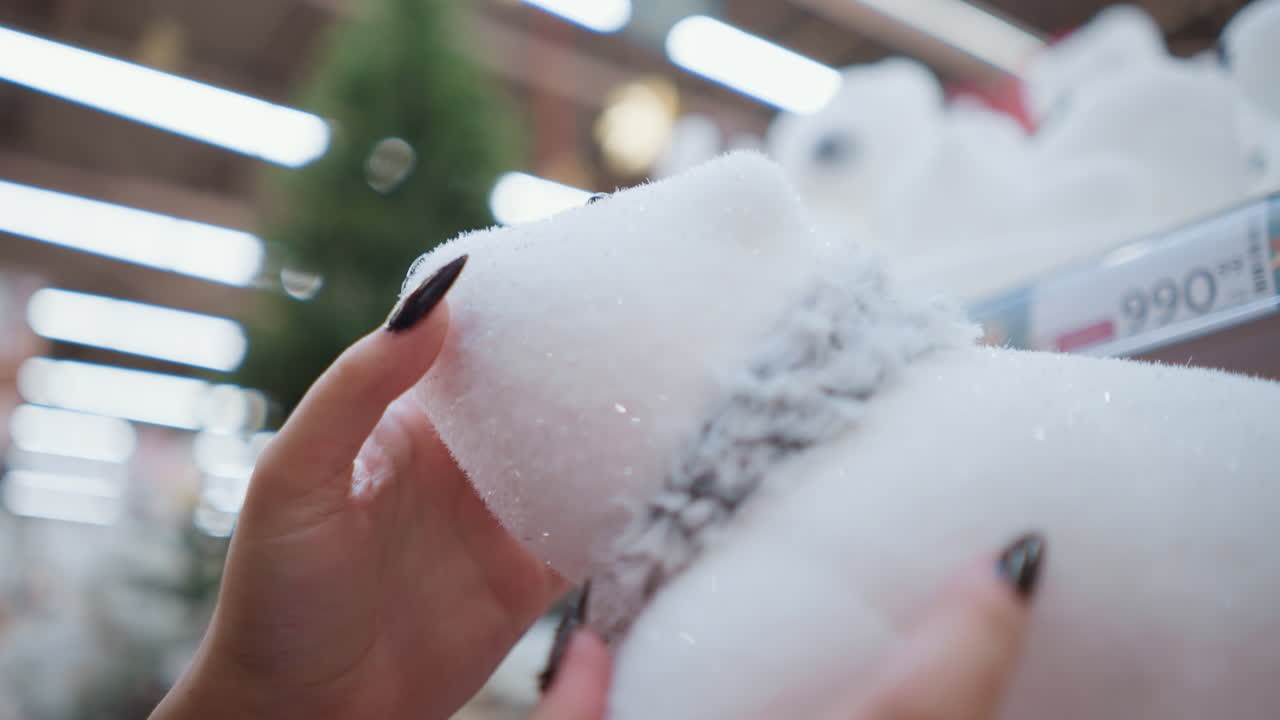 블랙 폴리시드 손을 가진 손의 클로즈업은 부드러운 질감으로 부드럽게 만지는 플러시 북극, 보케 조명과 상점 상품을 특징으로하는 흐릿한 배경은 축제 분위기를 만니다.