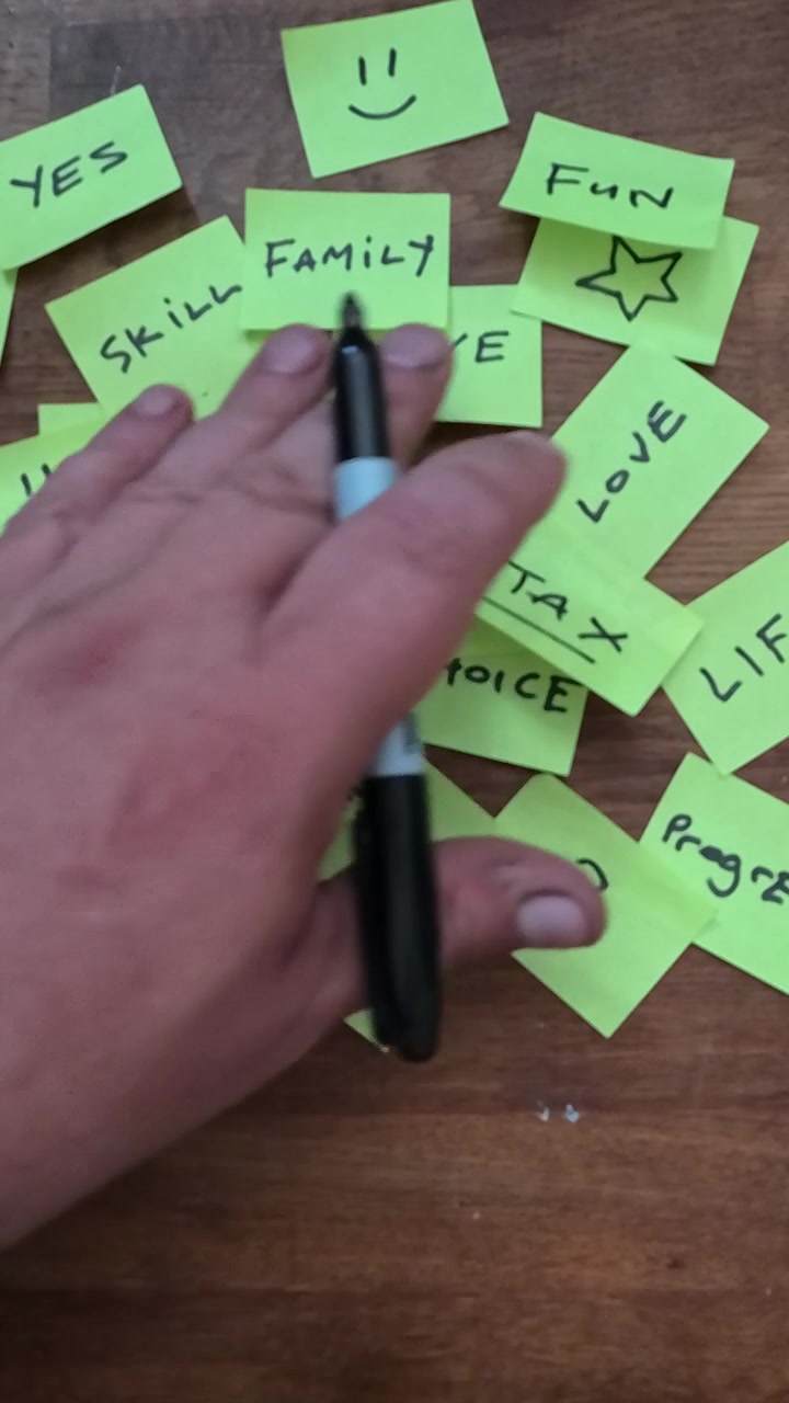 Vertical Hand searching through messages on yellow sticky post-it note in brainstorming planning