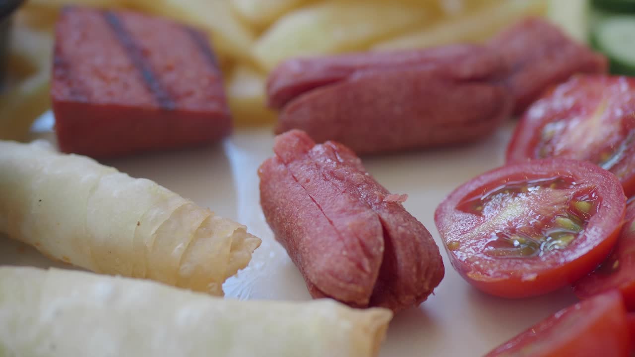 Deliziosa colazione turca con salsiccia, pomodori e patatine fritte