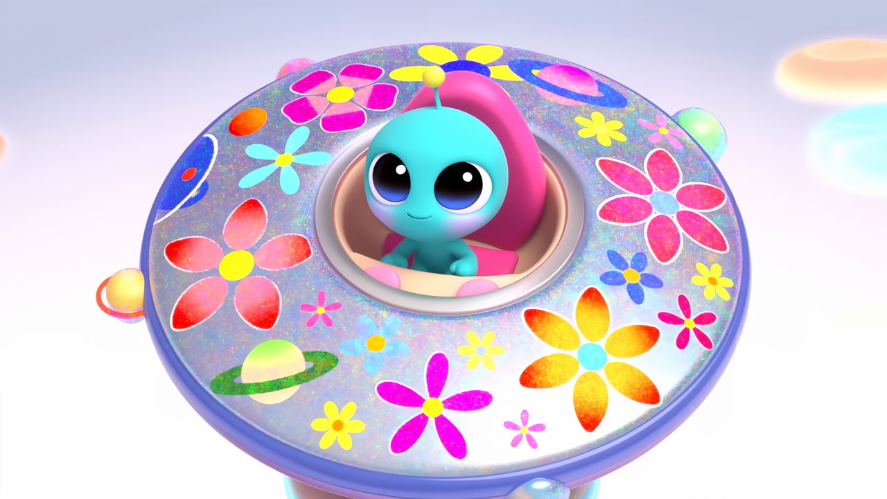 Cute Cartoon Alien Waving from a Flower-Decorated UFO