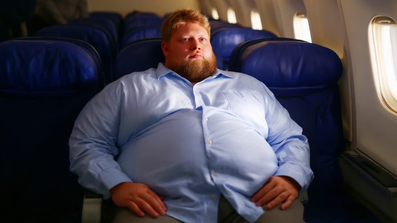 A Solo Passenger in Thoughtful Reflection During a Flight, Seated Comfortably in a Window Row with Light Illuminating His Features, Capturing the Essence of Journey and Introspection