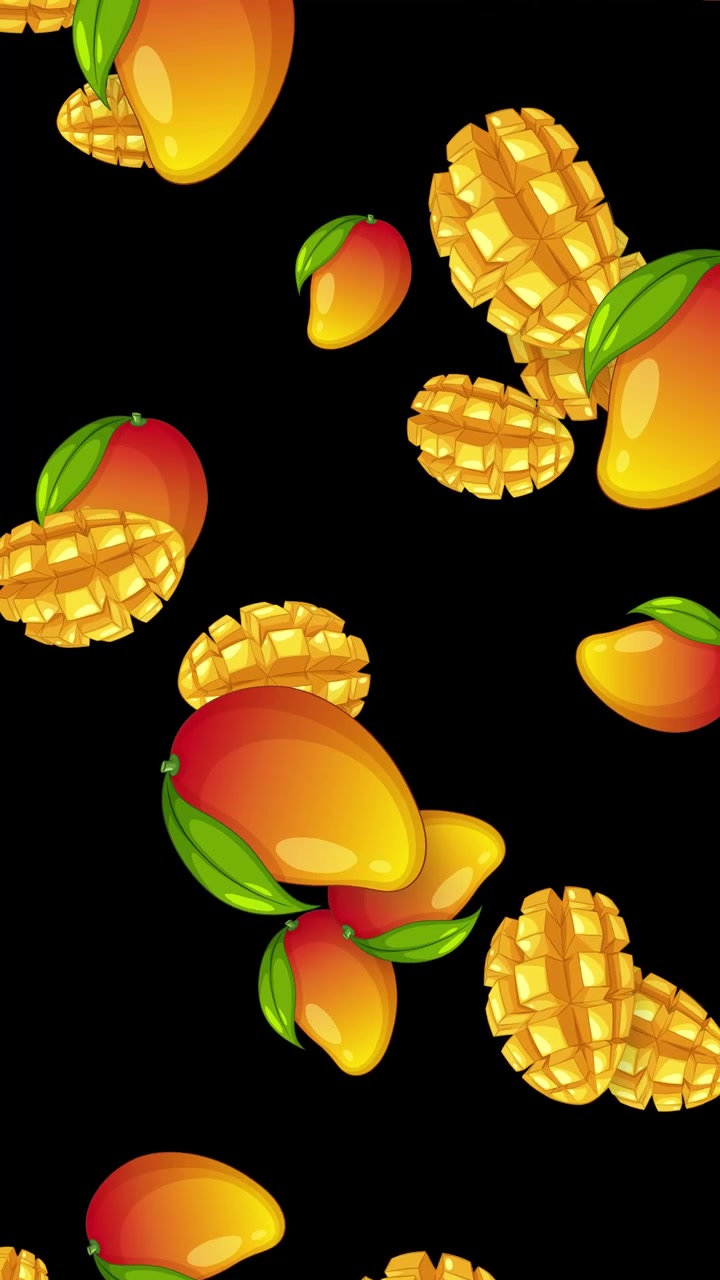 Mango e fette di frutta illustrati e colorati cadono verticalmente su uno sfondo nero a tinta unita
