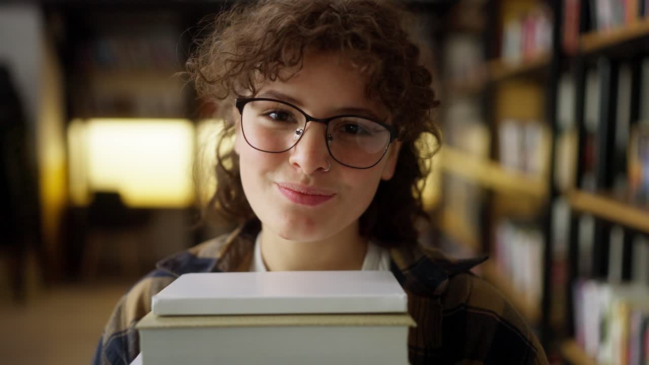 chica segura con cabello rizado que usa gafas hace un inventario de los libros en los estantes de la biblioteca
