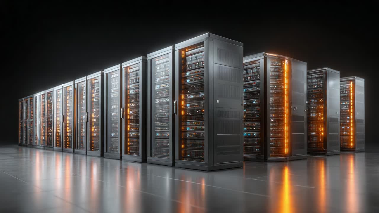 Højteknologisk datacentre: Et kig ind i avanceret serverinfrastruktur med rækker af oplyste kabinetter, der er afgørende for moderne databehandling.