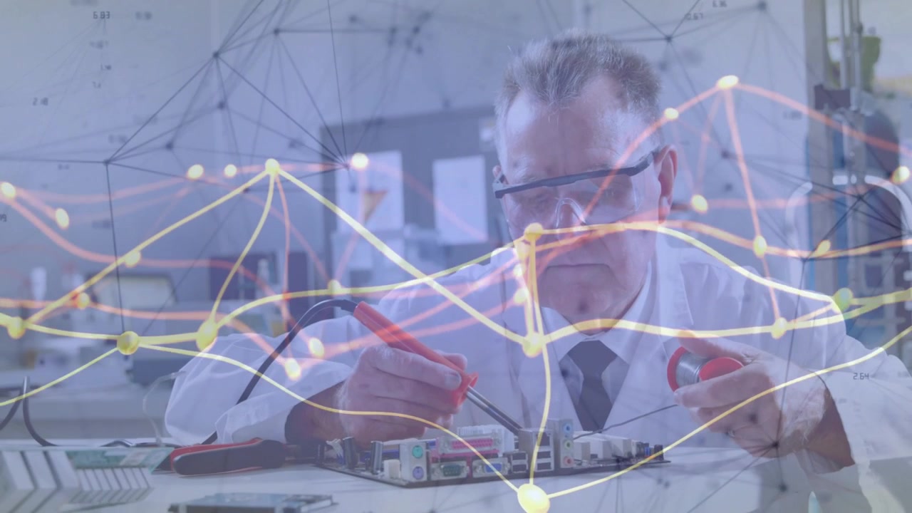 Senior engineer grabbing probes and measuring circuit board while network-graph overlay pulsing