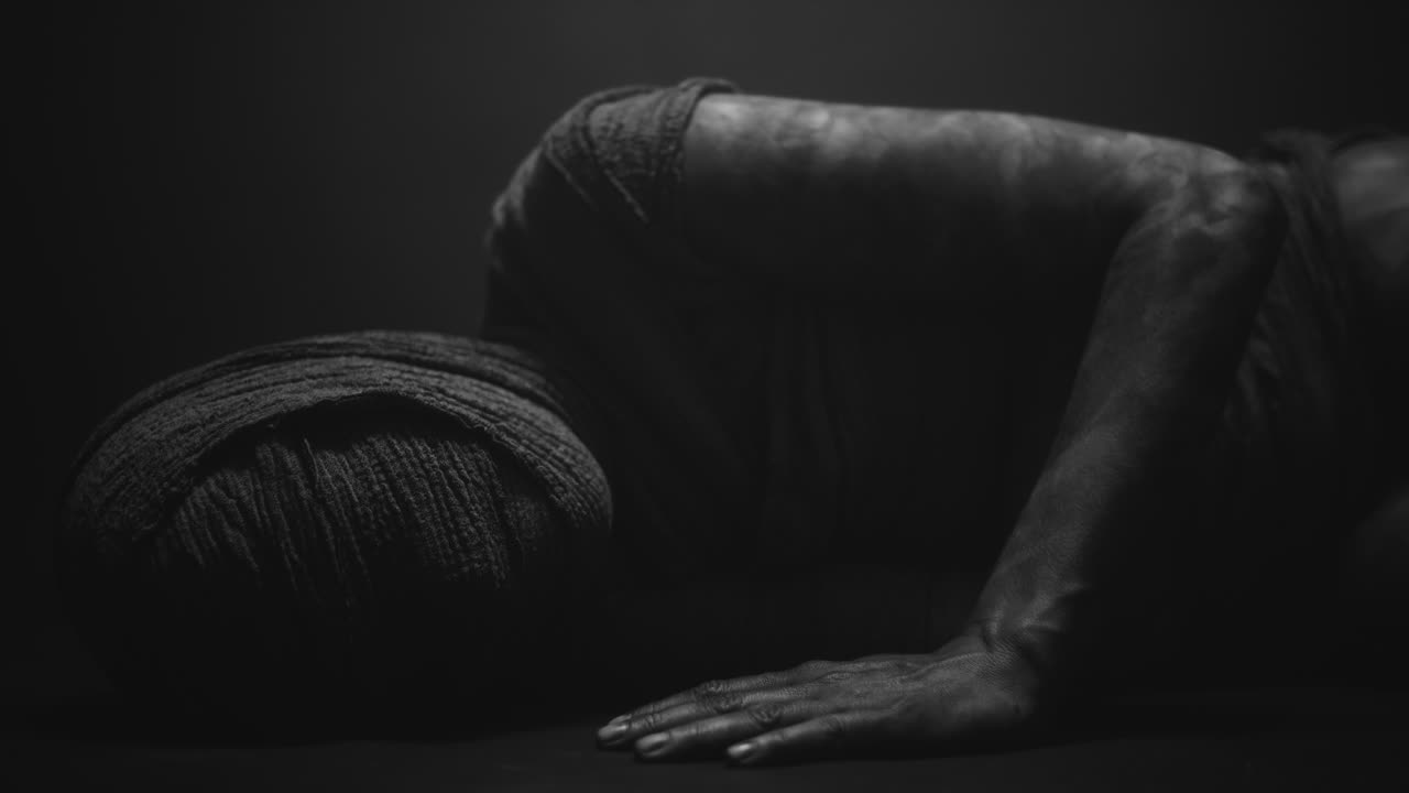 A mummy of a woman on a dark backdrop keeps her head down