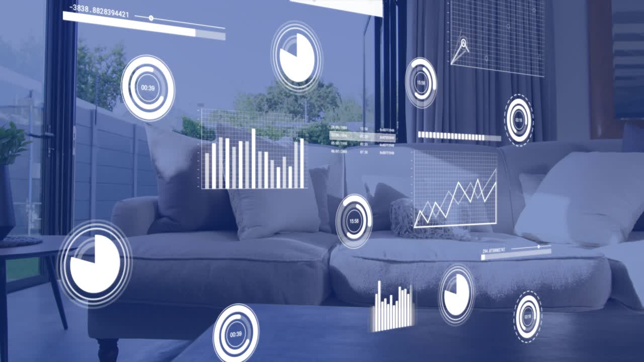 Upon scene start, holographic charts materializing, animating over living room showing trends