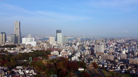 daytime aerial view of a bustling cityscape with skyscrapers and clear skies